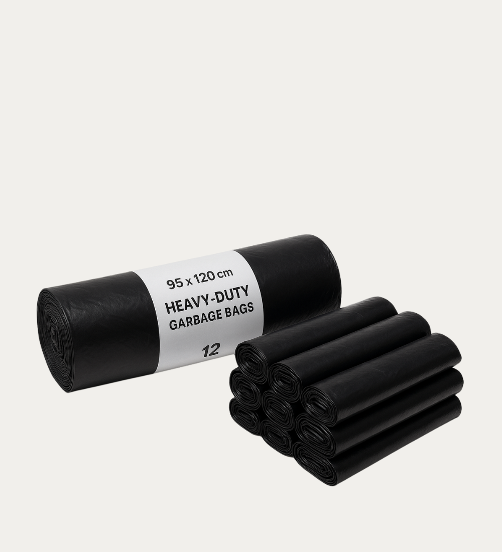 95x120 cm bulk black garbage bags in 20 rolls, 240 pcs total, for commercial and residential use in Qatar