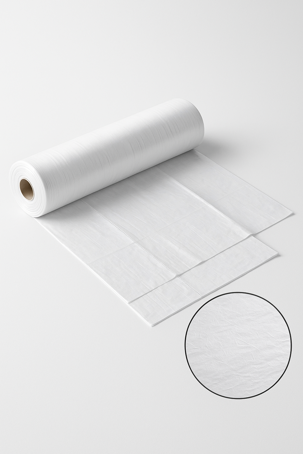 Roll of disposable table sheets (110×100 cm), white pre-cut sheets, perfect for salons, clinics, and catering use in Qatar