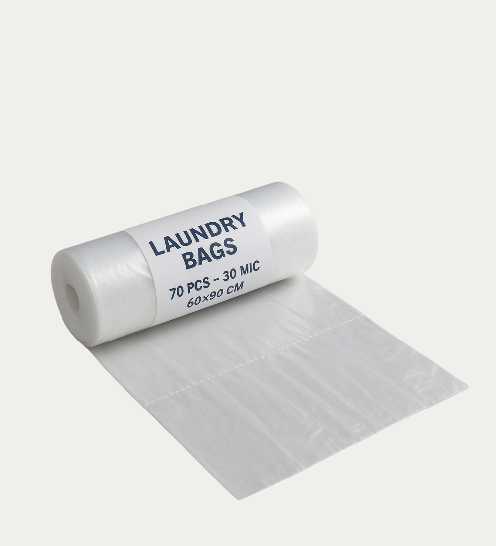 Laundry roll with 70 clear and milky bags, 60×90 cm, 30 mic thickness – used by hotels and hospitals in Qatar