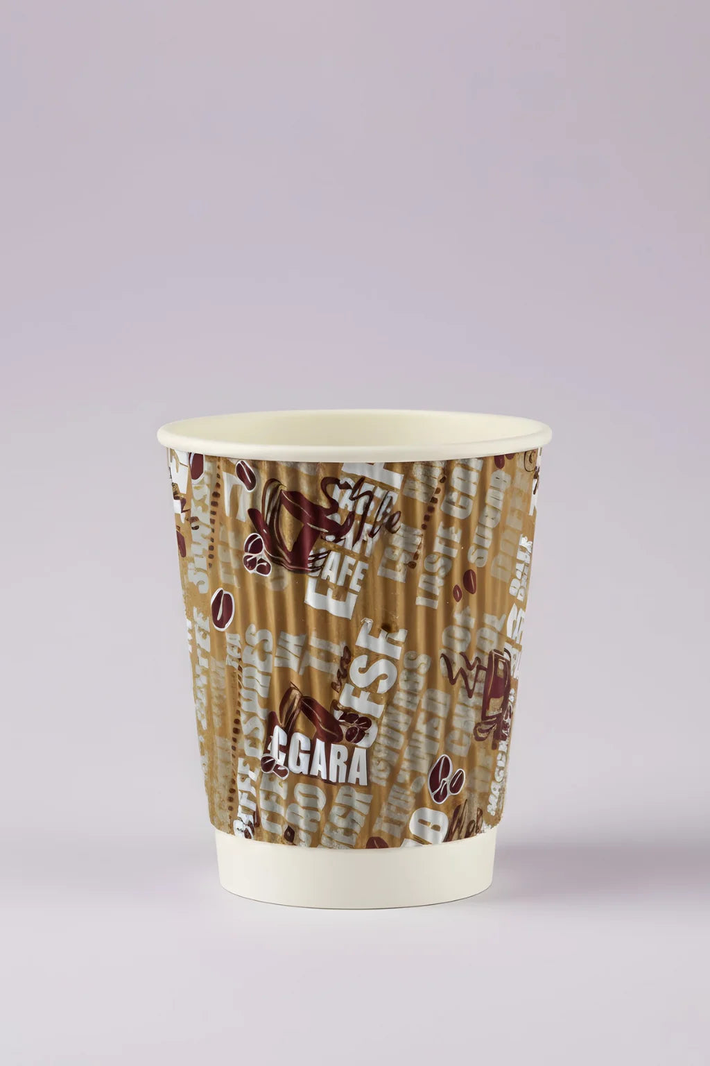 Paper cup with coffee-themed design on a light purple background