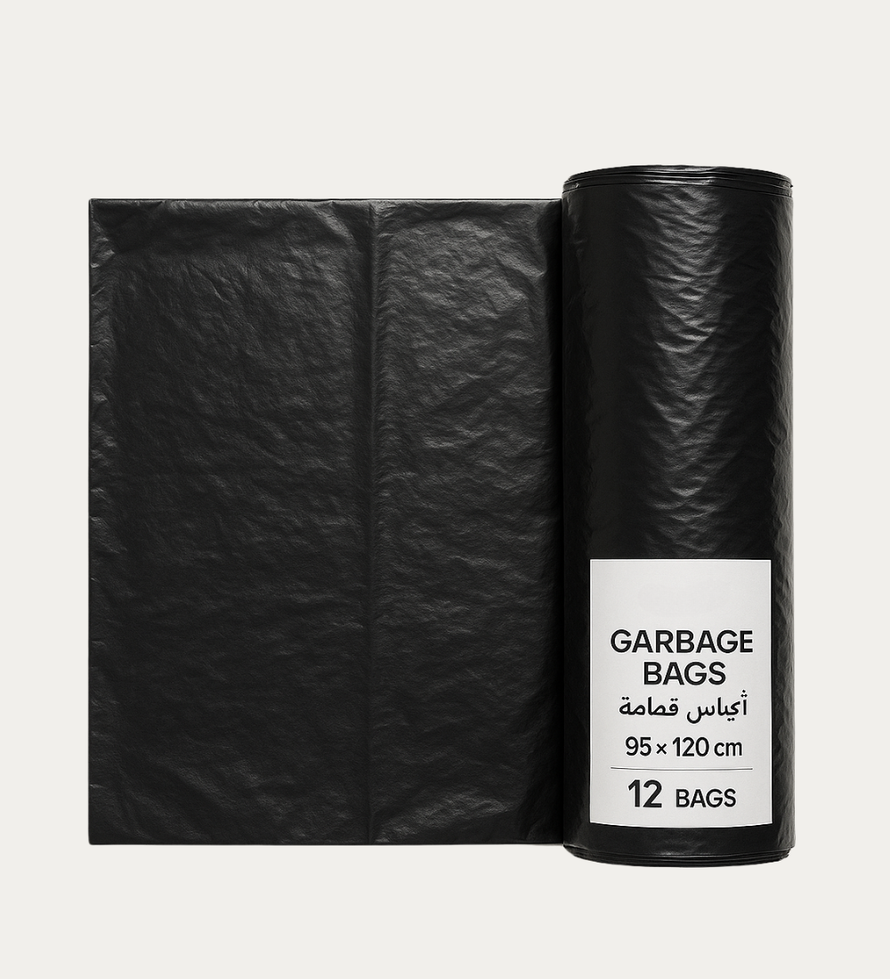 95x120 cm heavy-duty black garbage bags in roll of 12, trash bags for homes and businesses in Qatar