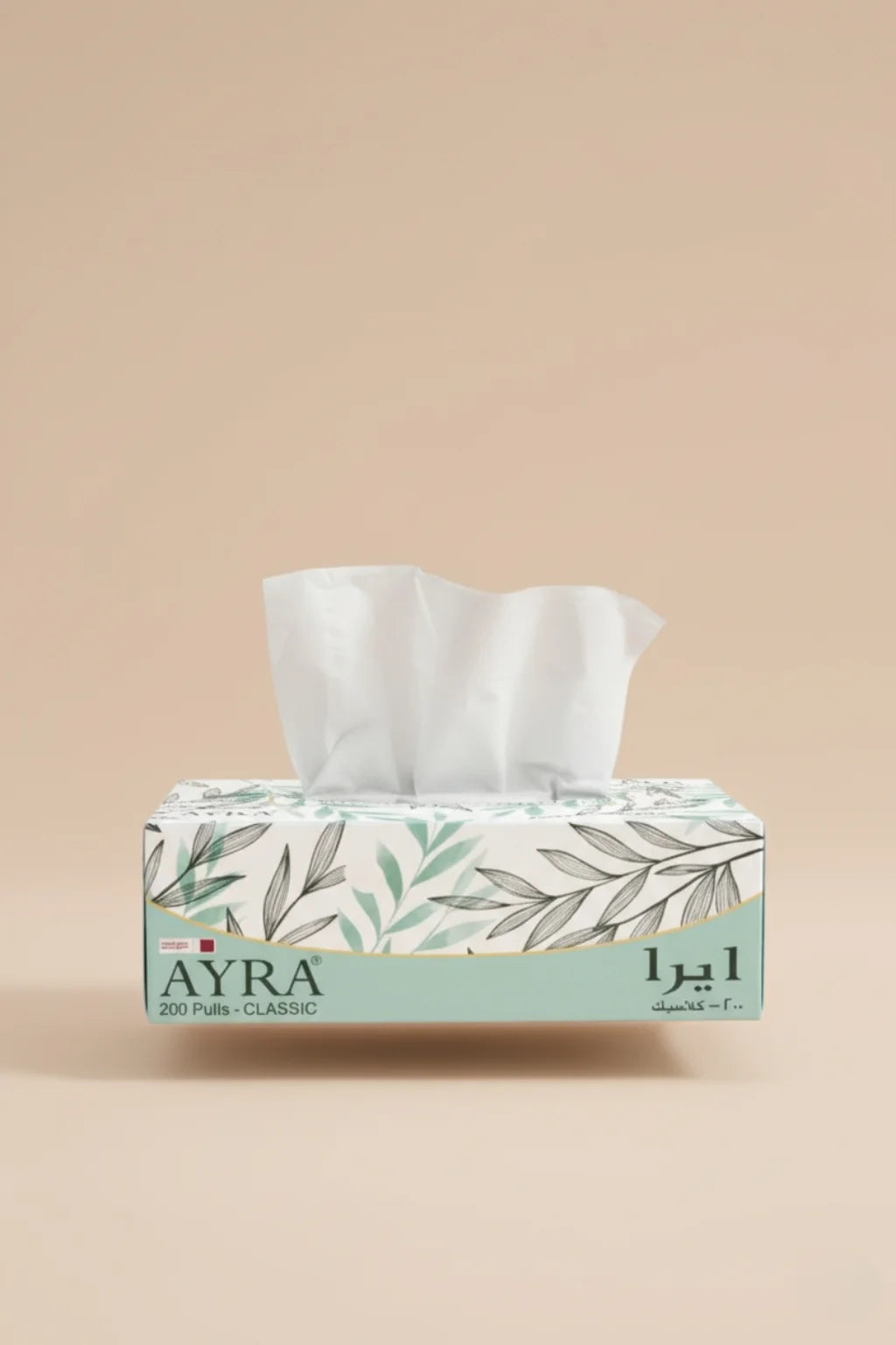 Box of Ayra tissues on a beige background