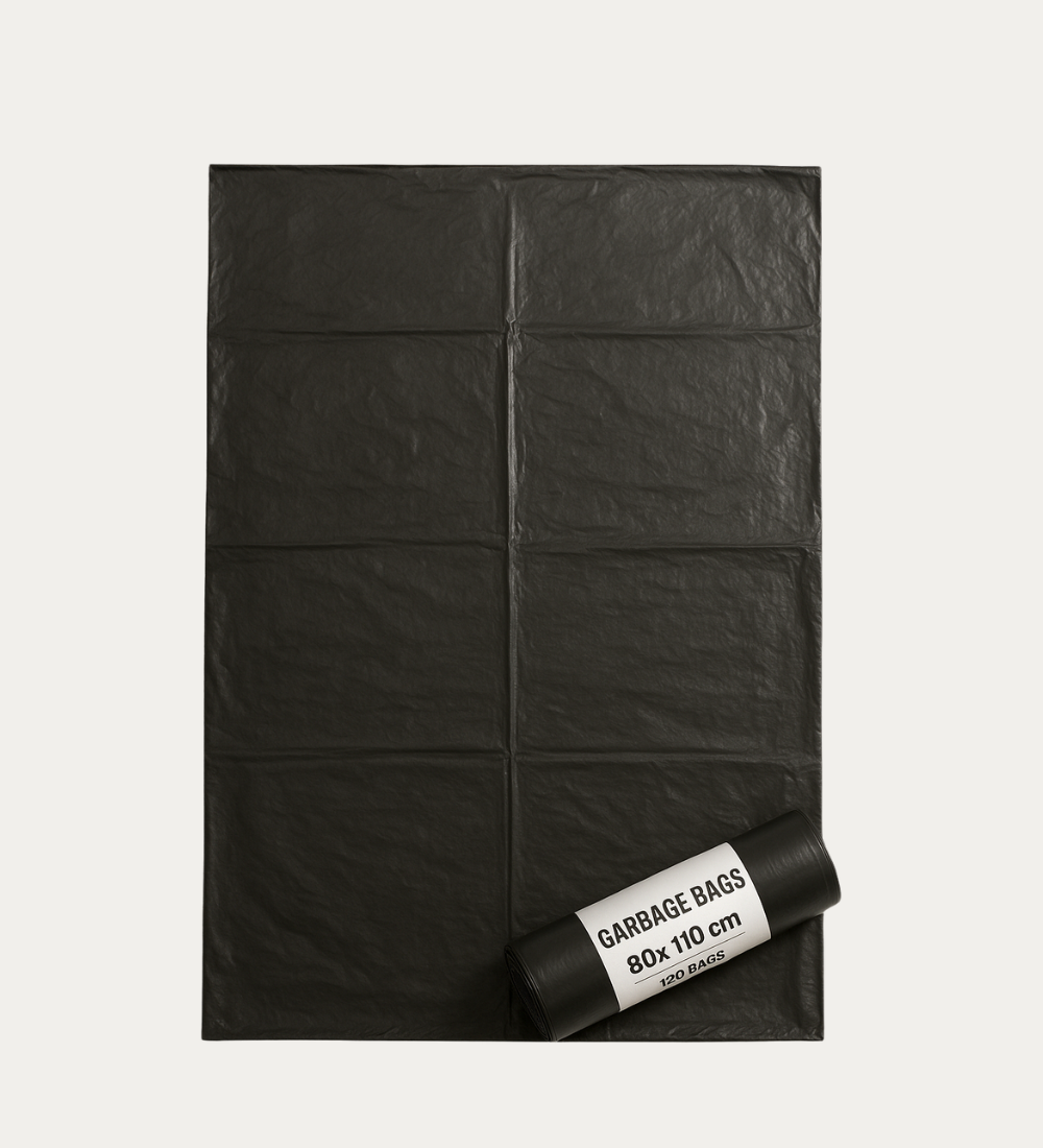 80x110 cm black garbage bags in 6 packs (120 pcs total), suitable for commercial and home use in Qatar