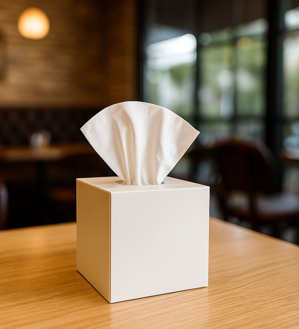White tissue box on a wooden table with a blurred restaurant interior in the background