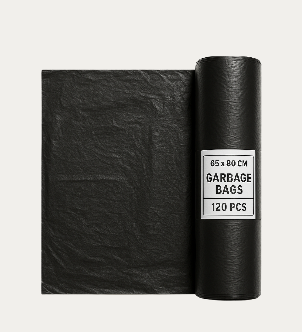 200 black garbage bags (65x80 cm), packed in 10 packets, 8KG total weight – suitable for cleaning services and homes in Qatar