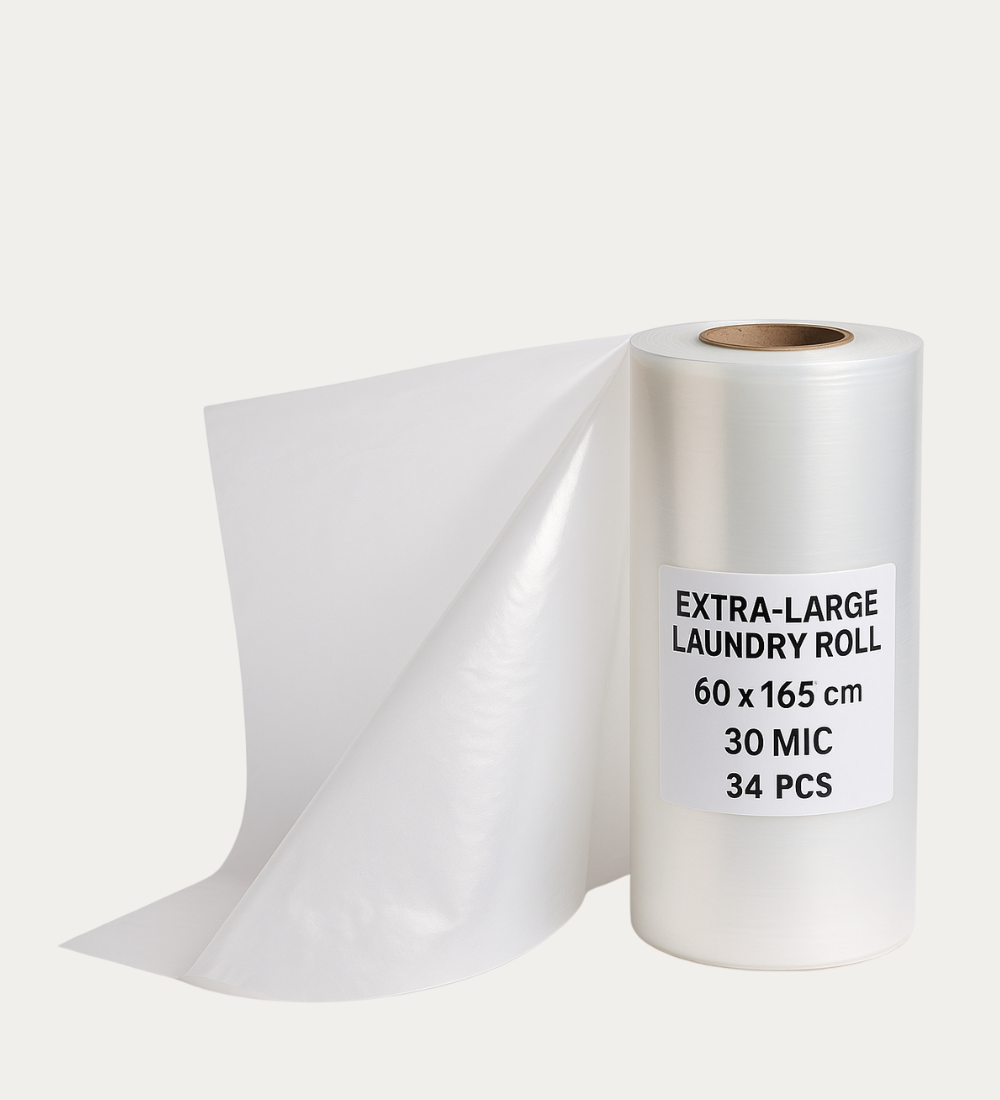 Laundry roll with 34 clear and milky bags, 60×165 cm, 30 mic, ideal for hotels and hospitals in Qatar