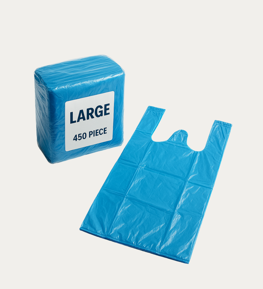 Large blue plastic shopping bags in 10 packets of 45 pcs, ideal for bulky retail use in Qatar