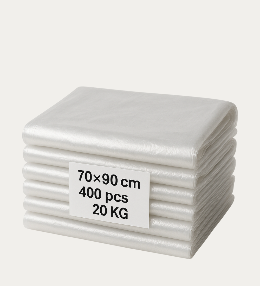Clear plastic laundry bags 70×90 cm, packed in a 20KG bundle, 400 pcs total – suitable for hotels and laundries in Qatar