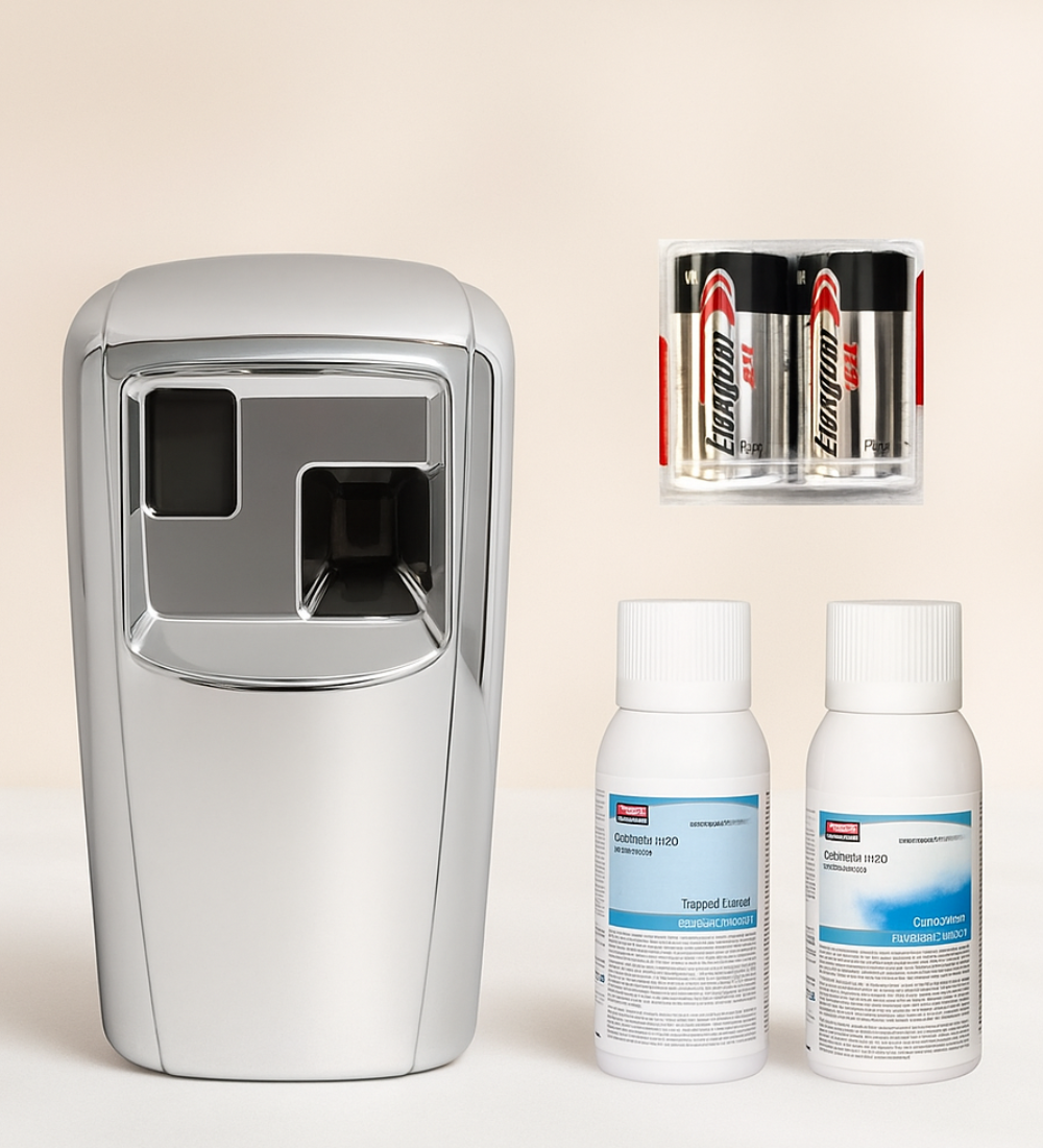 Metallic dispenser with two bottles and a container of batteries on a beige background