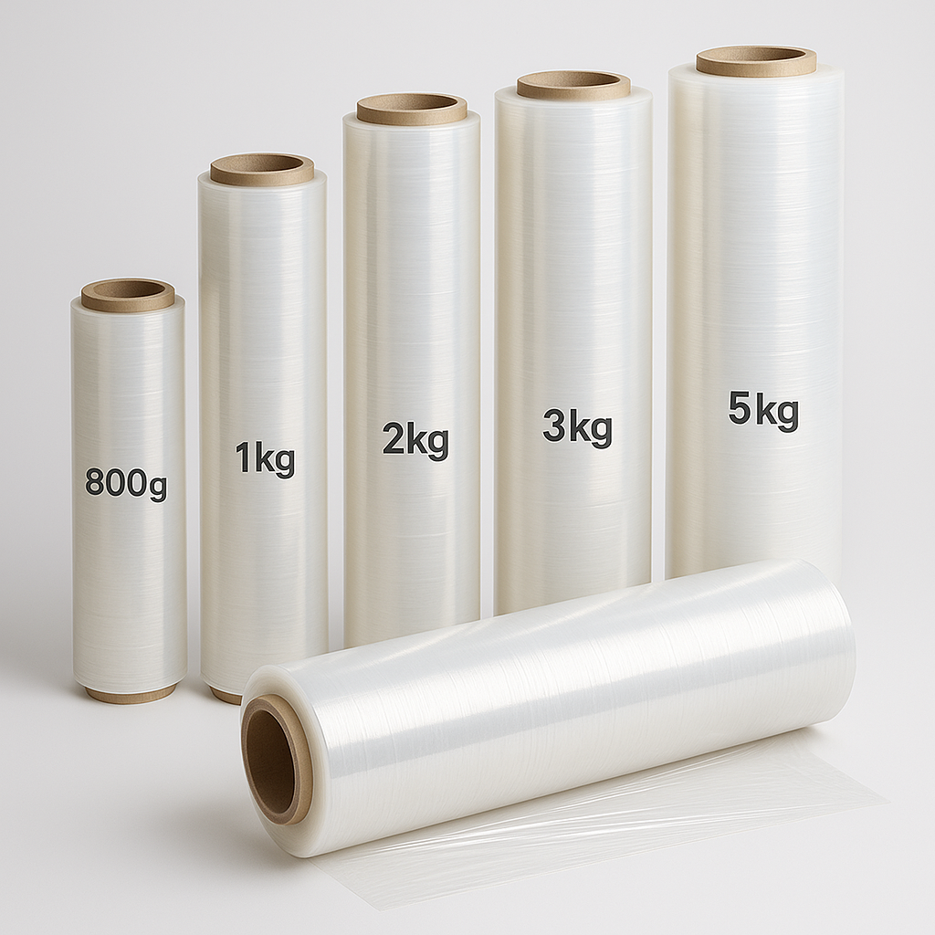 Set of stretch film rolls (800g to 5kg) in transparent plastic wrap, ideal for packaging and shipping use in Qatar